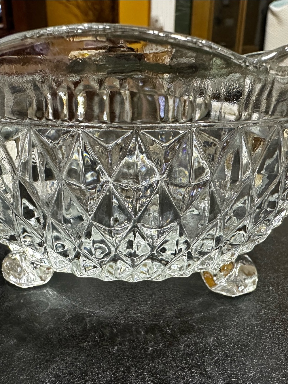 Vintage Indiana Glass Diamond cut glass bowl 3 legs